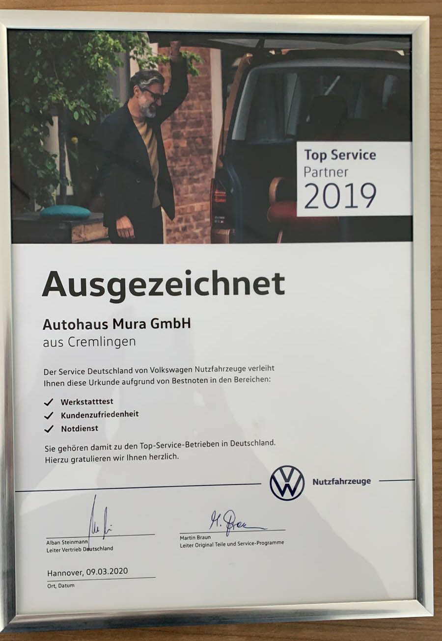 Urkunde Top Service Partner VW Nutzfahrzeuge autohaus Mura