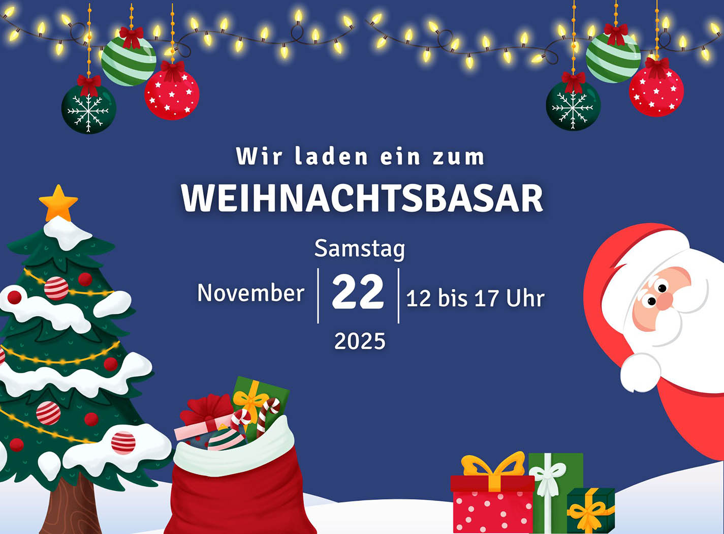 Grafik mit Weihnachtsmann, Weihnachtsbaum, geschenken und Infos zum Datum des Adventsbasars