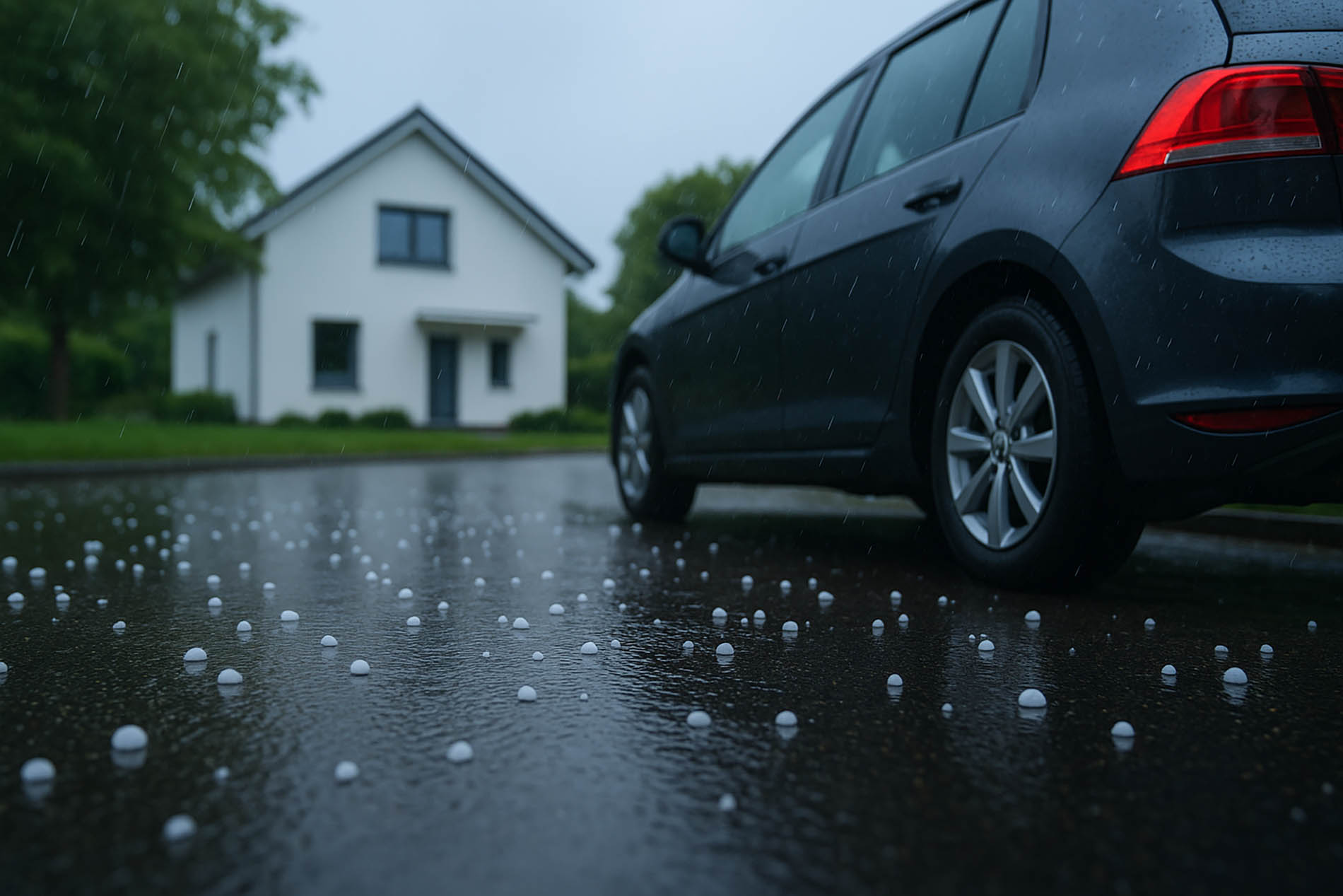 Ein Auto parkt vor einem Haus. Auf der Straße liegen Hagelkörner