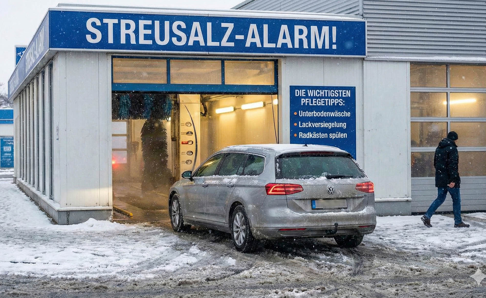 Dreckiges Auto fährt im Winter in eine Waschanlage